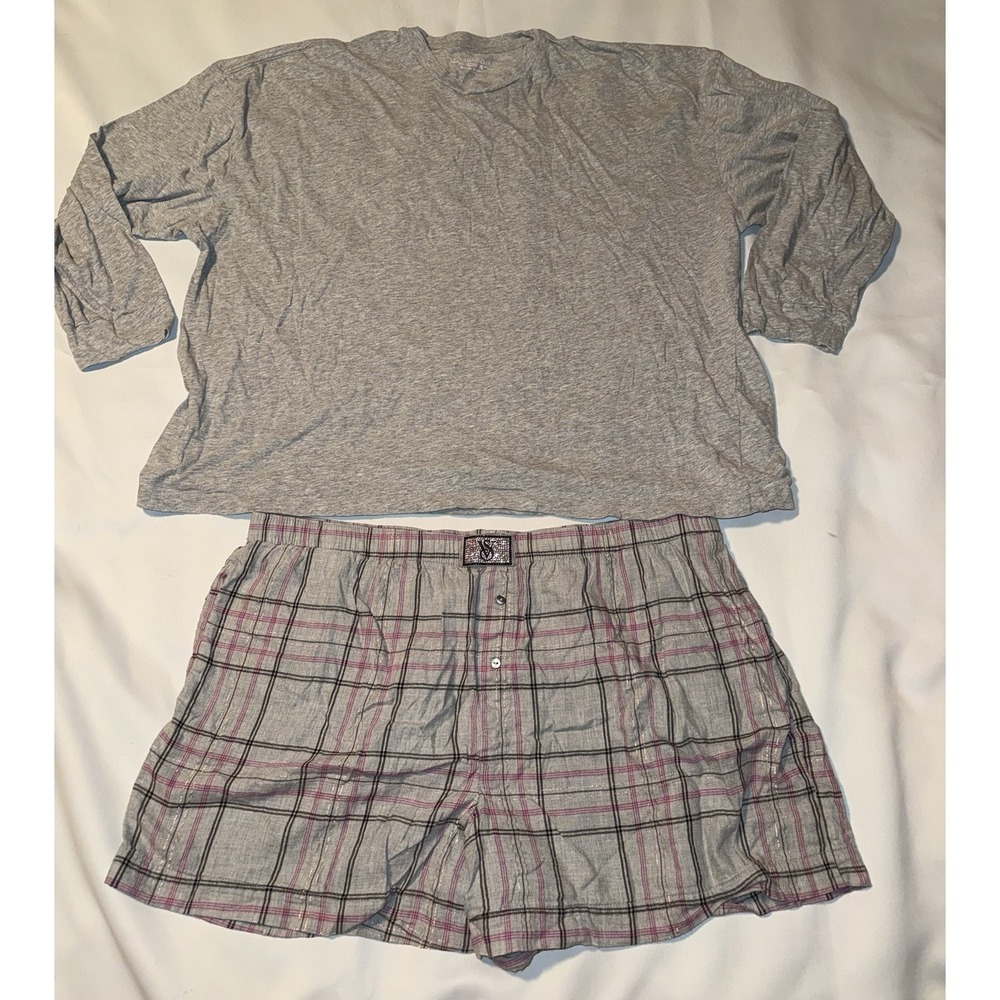 VICTORIA'S SECRET Cotton Short Tee-jama Set Xl Gray Long Sleeve ,‎ Plaid Shorts